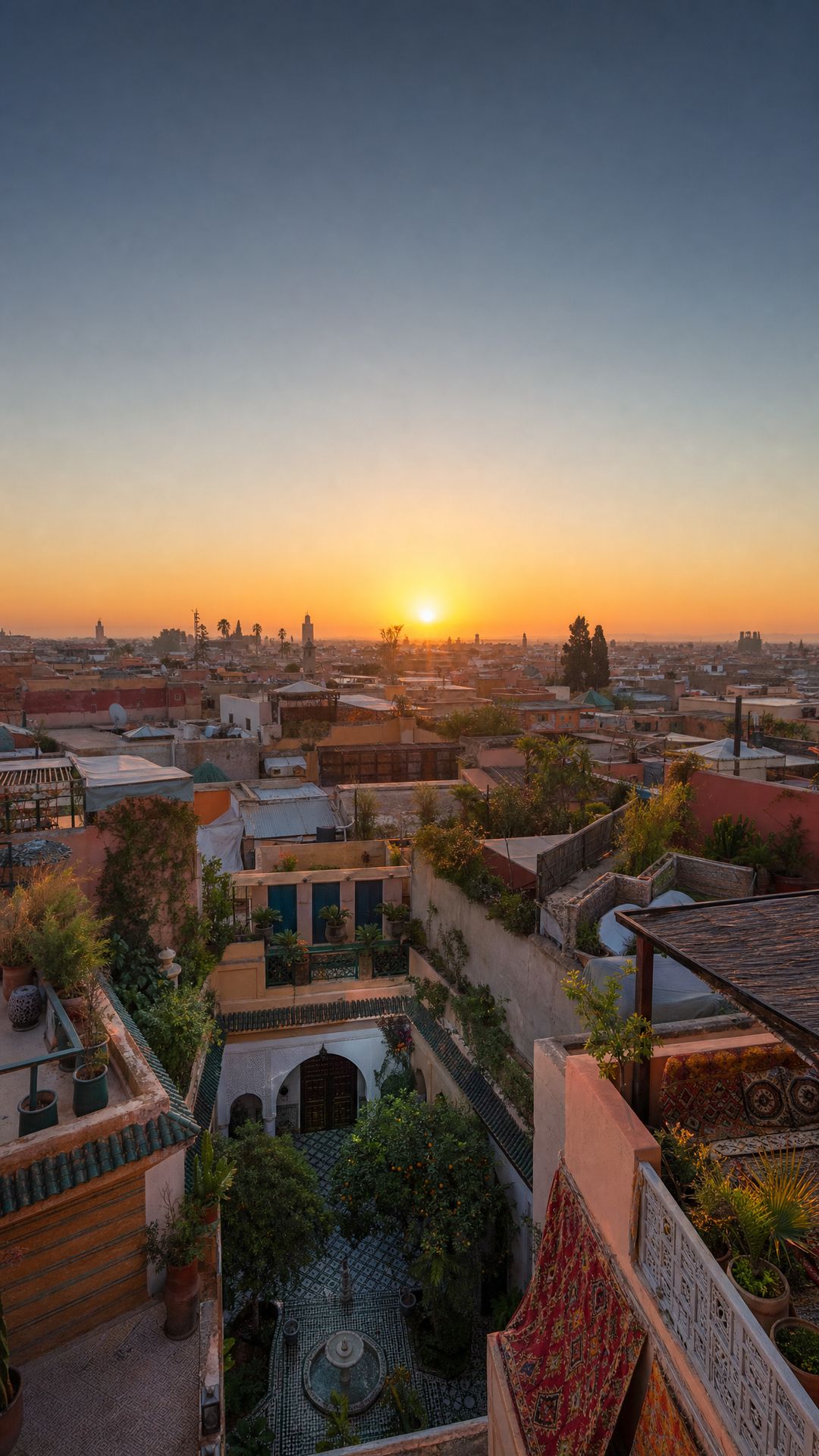 Coucher de soleil sur les toits de la médina de Marrakech, avec le patio d'un riad en contrebas