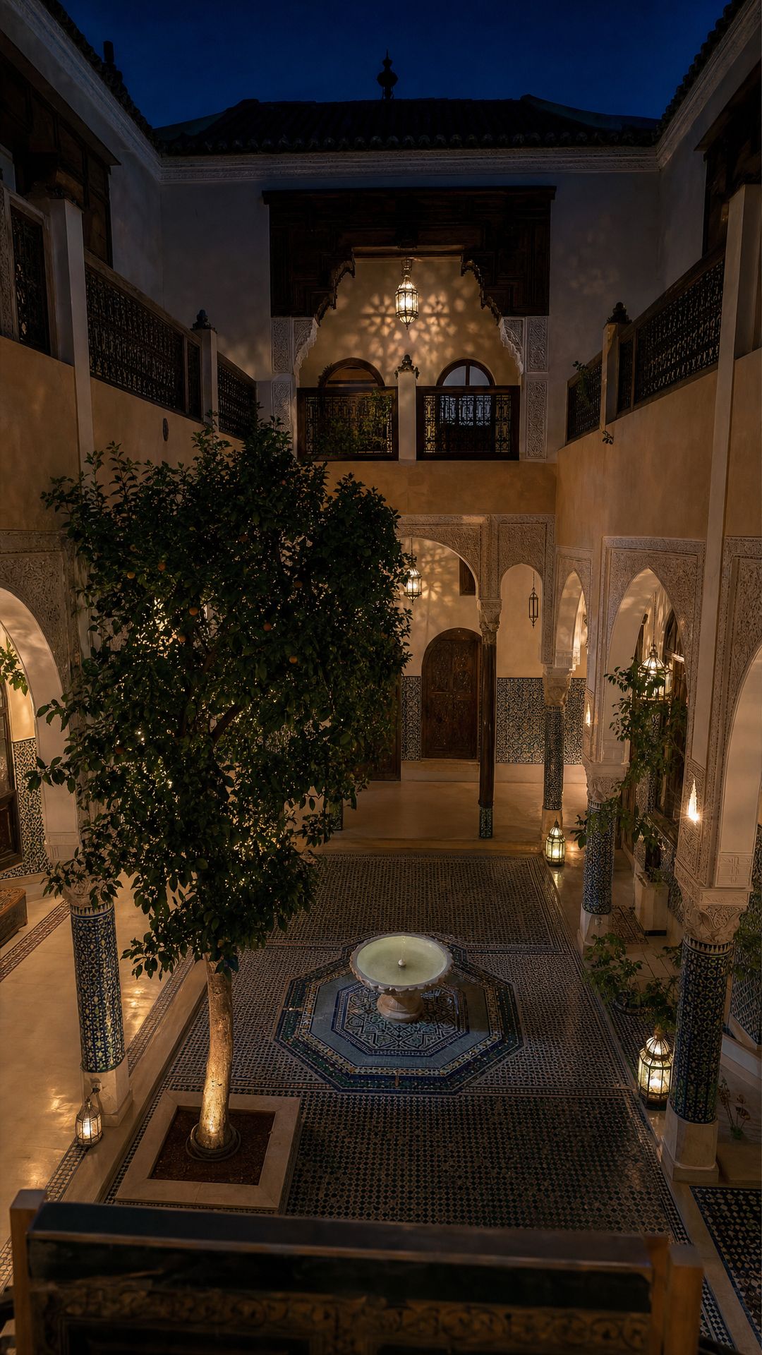 Patio d'un riad la nuit, avec un oranger, des lanternes et une fontaine entourée de zellige